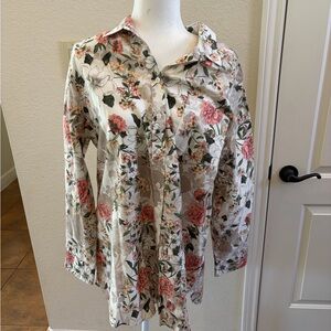 Chico's Floral Button-Down Shirt in White with Pink & Green